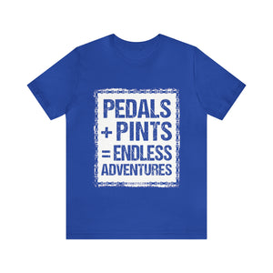 Introducing our Unisex Pedals + Pints = Endless Adventures Jersey Short Sleeve Tee, the ultimate expression of your love for biking and brews. This tee is not just a piece of clothing; it's a statement that embodies the spirit of endless adventures on two wheels.   