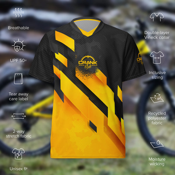Conquer the trails in style with Crank Style's Unisex Yellow Abstract Camo UPF50+ V-Neck MTB Jersey. Made from 100% recycled polyester fabric, this breathable and moisture-wicking jersey keeps you comfortable and cool. It offers a premium look with a regular fit and a double-layered v-neck collar. Enjoy UPF50+ protection and unrestricted movement with the two-way stretch fabric. Upgrade your gear and ride with confidence. Shop now!