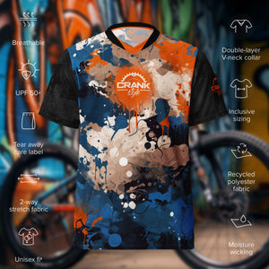 🚴‍♂️ Crank Style's Recycled Unisex UPF50+ Blue & Orange Graffiti V-Neck MTB Jersey 🌲🌍  Elevate your mountain biking experience with our eco-friendly and stylish MTB jersey from Crank Style! Crafted with care from 100% recycled polyester fabric, this jersey combines performance and sustainability seamlessly.