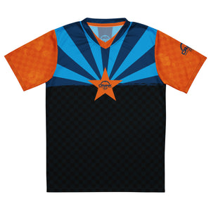 "Ride in style with Crank Style's Arizona Flag Blue "Orange Sleeves UPF50+ V-Neck Mountain Bike Jersey. This breathable and moisture-wicking jersey is made from 100% recycled polyester and features a double-layered v-neck collar and UPF50+ protection. Order one size up as it runs small. Don't miss out on this must-have jersey for your next ride!"