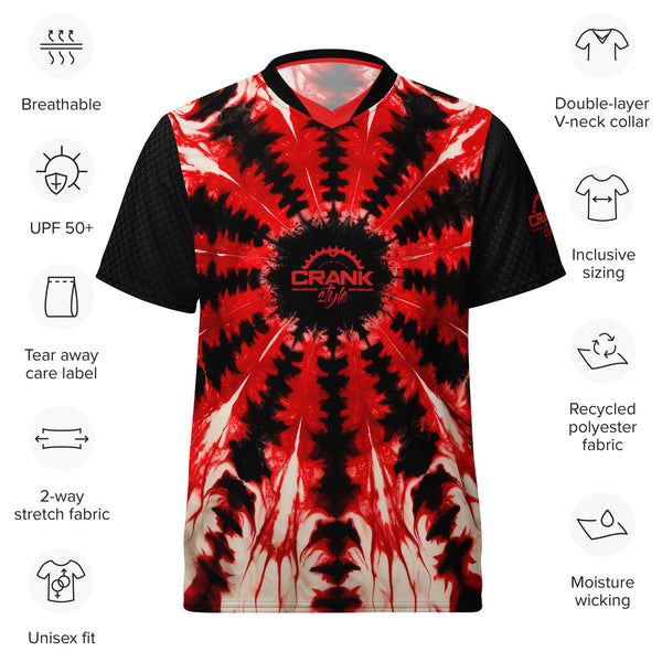Recycled Unisex Red Tie Dye Shibori UPF50+ V-Neck MTB Jersey