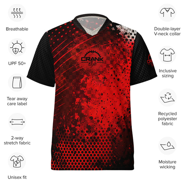 Unisex Grunge Red & Black Check UPF50+ V-Neck MTB Jersey