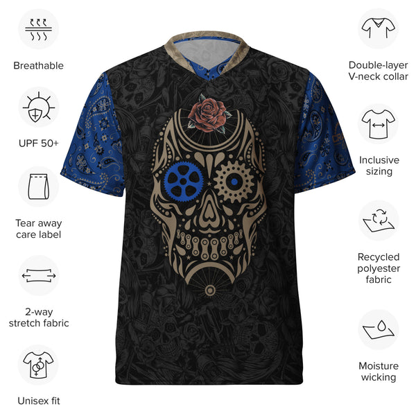 Unisex Day of the Dead "Dia de Muertos" UPF50+ V-Neck MTB Jersey
