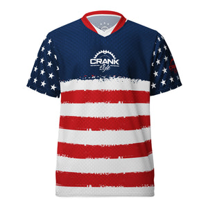 Discovering the ultimate blend of sustainability and patriotic style, our Recycled UPF50+ Red, White, and Blue Stripe V-Neck MTB Jersey from Crank Style pays homage to the colors of freedom. Crafted from 100% recycled polyester fabric, this jersey showcases our environmental commitment and delivers a high-performance cycling experience.
