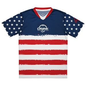 Discovering the ultimate blend of sustainability and patriotic style, our Recycled UPF50+ Red, White, and Blue Stripe V-Neck MTB Jersey from Crank Style pays homage to the colors of freedom. Crafted from 100% recycled polyester fabric, this jersey showcases our environmental commitment and delivers a high-performance cycling experience.