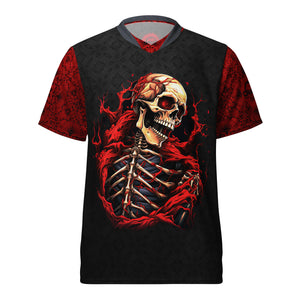 Unisex UPF50+ Red & Black Torn Flesh Skull V-Neck MTB Jersey