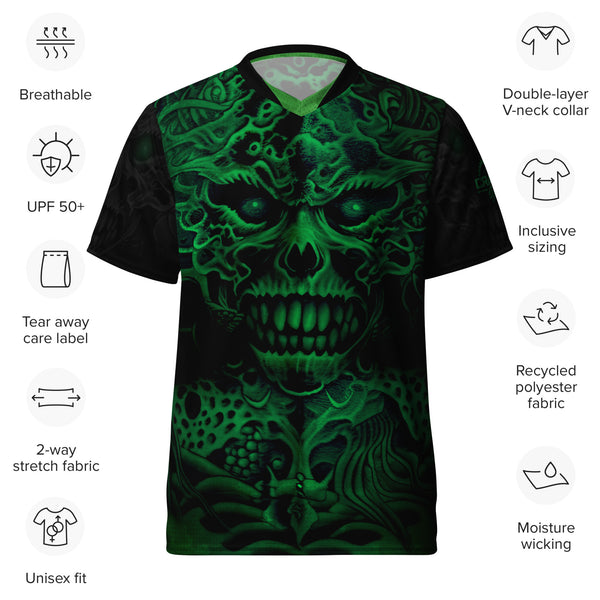 Ride with Crank Style, where every jersey reflects your triumphs on the trail. Conquer the mountain in eco-friendly Green Skull style!  #CrankStyle #MTBTrailblazer #ShredInStyle #RecycledMTBGear #GreenSkullStyle #EcoFriendly #UPFMtbGear