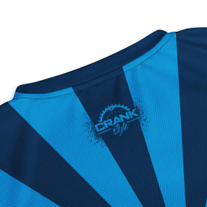 "Ride in style with Crank Style's Arizona Flag Blue "Orange Sleeves UPF50+ V-Neck Mountain Bike Jersey. This breathable and moisture-wicking jersey is made from 100% recycled polyester and features a double-layered v-neck collar and UPF50+ protection. Order one size up as it runs small. Don't miss out on this must-have jersey for your next ride!"