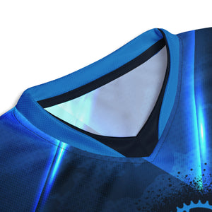 Prepare for your next mountain biking adventure with the stylish and comfortable Abstract Blue Angle UPF50+ V-Neck MTB Jersey from Crank Style! This jersey is made from 100% recycled polyester fabric and offers breathability and moisture-wicking properties, UPF50+ protection, and a double-layered v-neck collar. Available in various sizes but runs small, so order one size for the perfect fit. Order now and hit the trails in style and comfort!