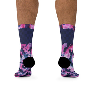 Unisex Pink & Blue Tie Dye Check 3/4 MTB Socks