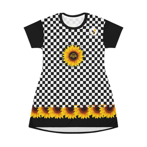 Crank Style's Black & White Checkerboard Pattern with Sunflowers T-shirt Dress Mountain bike apparel 