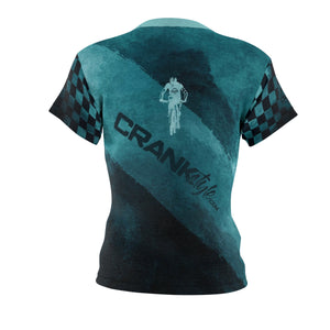 Crank Style's Women's Teal Textured MTB jersey with checkered sleeves! Customer favorite!
