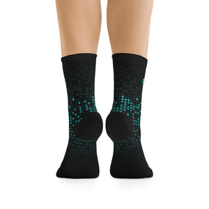 Crank Style's Unisex Teal & Black Matrix Checker 3/4 MTB Socks These socks are made using a proprietary blend of yarns; they are a 200 needle knit crew with half terry cushioned buttons for extra support and comfort. They are truly one size fits most and are available for up to size 12 males (U.S.). They have an unprecedented amount of stretch with durable quality. Great for adding additional style to your daily grind or shredding on the trails. We highly recommend cranking in style with these babies. 