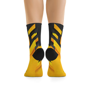 Introducing Crank Style's Unisex MTB socks in Yellow & Grey Abstract Camo design. These soft, breathable, and stylish socks feature a proprietary blend of yarns and 200-needle knit construction. With cushioned bottoms for extra support, they offer a comfortable fit for sizes up to US size 12. These moisture-wicking socks are made with premium fabric composition and are perfect for fashionable mountain biking. Complete your look with matching jerseys. Shop now for trendy and functional MTB socks.