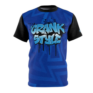 Crank Style Drifit mountain bike jersey with graffiti style texture and print. Blue and black micriofiber drifit material. Awesome for on and off the trails.