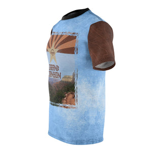 Crank Style's Mountain bike dri-fit Jersey of the Grand Canyon with the Arizona flag in the canyon colors and bike chain boarder. Blue with brown topographic sleeves. Customer favorite!