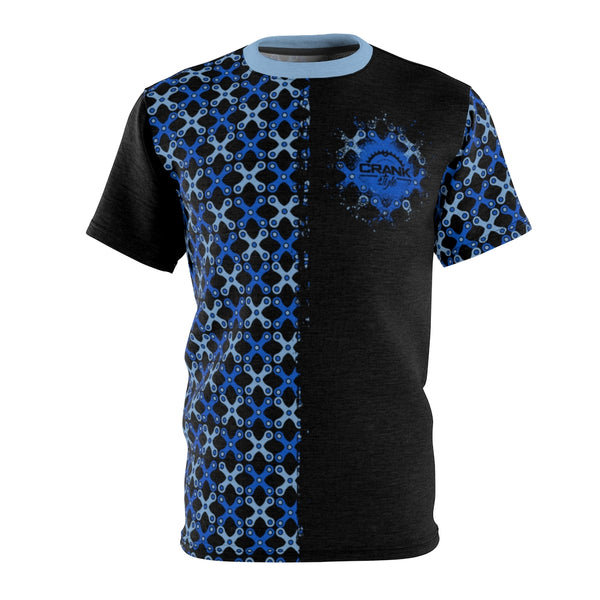 Crank Style's Black and blue bike chain link pattern. This light weight breathable mountain bike jersey will have you noticed wherever you go and allow you to crank in style!