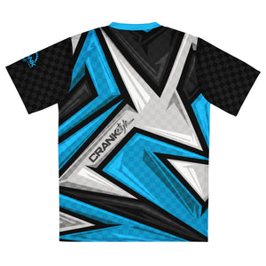 Crank Style's Blue, Grey, & Black Racing Style Check UPF50+ Unisex Mountain Bike Jersey  Looking for the perfect Mountain Bike jersey? We have you covered—made of 100% recycled polyester fabric; this shirt is breathable, moisture-wicking, and has a double-layered v-neck collar that creates a premium look.