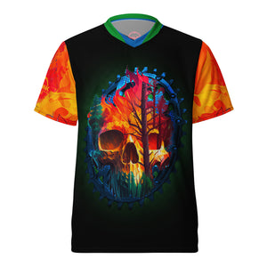 Crank Style's Chainring Skull Tree UPF50+ UNISEX V-NECK MTB JERSEY  This MTB jersey is crafted from 100% recycled polyester fabric, designed to encourage both breathability and wicking away moisture. Its double-layered v-neck collar provides a chic and polished look, perfect for injecting some vibrancy into your trail rides this season.