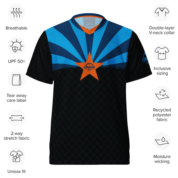Crank Style's apparel provides UPF50+ protection and optimal comfort, allowing you to ride and perform confidently. Ideal for trails, the V-neck jersey is perfect for those looking to express their passion. Arizona Flag. 