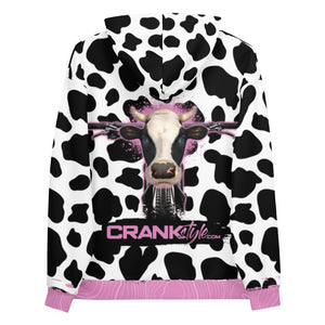Crank Style's Mountain Bike Cow pattern hoodie with pink topographic highlights. Complete with a blue eyes cow head on the back and mountain bike. This will turn heads as you shred the trails or hand out with your friends all while respresenting you passions. 