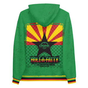 Crank Style's Rasta RollaFatty brushed fleece pullover hoodie. Bright green design with the classic RollAFatty Design and the Rasta Arizona Flag on the back. Get ready to shred the mountain bike trails and turn heads while doing it. Unisex design so men, women and kids can wear this baby and Crank in Style.