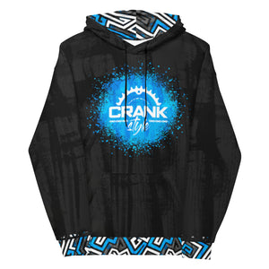 Crank Style's Mountain Bike Blue, Grey, Black and white graffiti style hoodie. This comfy unisex hoodie has a soft outside with a vibrant print and an even softer brushed fleece inside. The hoodie has a relaxed fit, and it's perfect for wrapping yourself into on a chilly evening by the campfire.