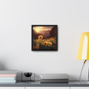 Elevate your space with the captivating "Grand Canyon at Sunset with Sunflowers" artwork. This square gallery-wrapped canvas print boasts enduring quality and impeccable detailing. Available in multiple sizes with walnut or black frames, it effortlessly complements any decor. Crafted from premium 100% cotton fabric canvas, it ensures exceptional image quality. Perfect for indoor use, this artwork adds a touch of elegance to any room. Experience the unparalleled beauty it brings to your walls.
