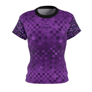 Ladies Purple Multi Checker board Mountain bike cycling Jersey. Drifit 4oz and 6 oz fabric. Super lightweight and breathable. Crank Style provides fashionable mtb gear that gives you the confidence to ride with style. 