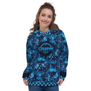 Crank Style's Digital Blue Camo and Checkerboard MTB Pull over Hoodie. This comfy unisex hoodie has a soft outside with a vibrant print, and an even softer brushed fleece inside. The hoodie has a relaxed fit, and it's perfect for wrapping yourself into on a chilly ride or hanging out with your friends. Made in USA