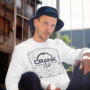 Crank Style Bucket embroidered hat, availbe in Navy Blue, Black and white with a bright blue crank style logo. Also in this picture show the vintage crank style long sleeve shirt in white. Bith a great for protecting from the sun in the summer race series and season. 