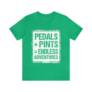 Introducing our Unisex Pedals + Pints = Endless Adventures Jersey Short Sleeve Tee, the ultimate expression of your love for biking and brews. This tee is not just a piece of clothing; it's a statement that embodies the spirit of endless adventures on two wheels.   