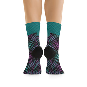 Unisex Purp & Teal Plaid Check 3/4 MTB Socks