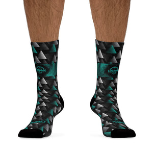 Crank Style's&nbsp;Unisex Geo-Triangle Teal &amp; Grey&nbsp;3/4 MTB Socks, designed for style and performance!