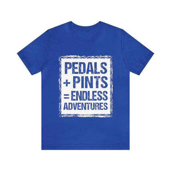 Introducing our Unisex Pedals + Pints = Endless Adventures Jersey Short Sleeve Tee, the ultimate expression of your love for biking and brews. This tee is not just a piece of clothing; it's a statement that embodies the spirit of endless adventures on two wheels.   