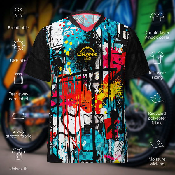 Recycled Unisex UPF50+ Grungy Graffiti V-Neck MTB Jersey