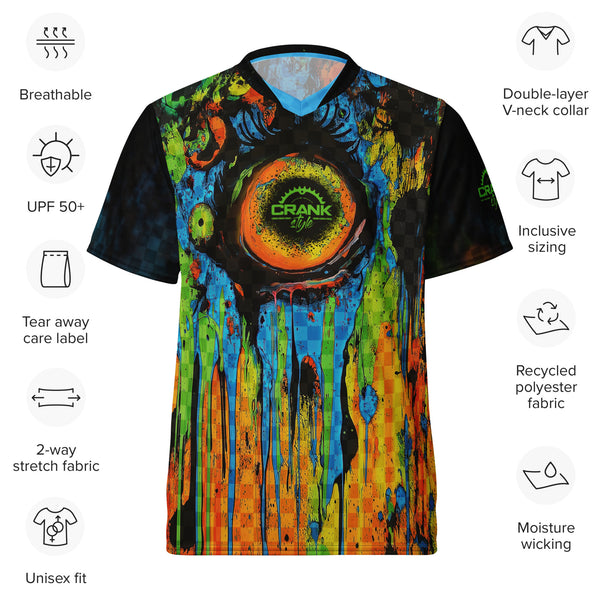Crank Style MTB jersey, mountain biking jersey, psychedelic bike jersey, graffiti cycling jersey, men’s MTB jersey, women’s MTB jersey, moisture-wicking MTB jersey, high-performance cycling apparel, enduro MTB jersey, downhill biking gear, recyc