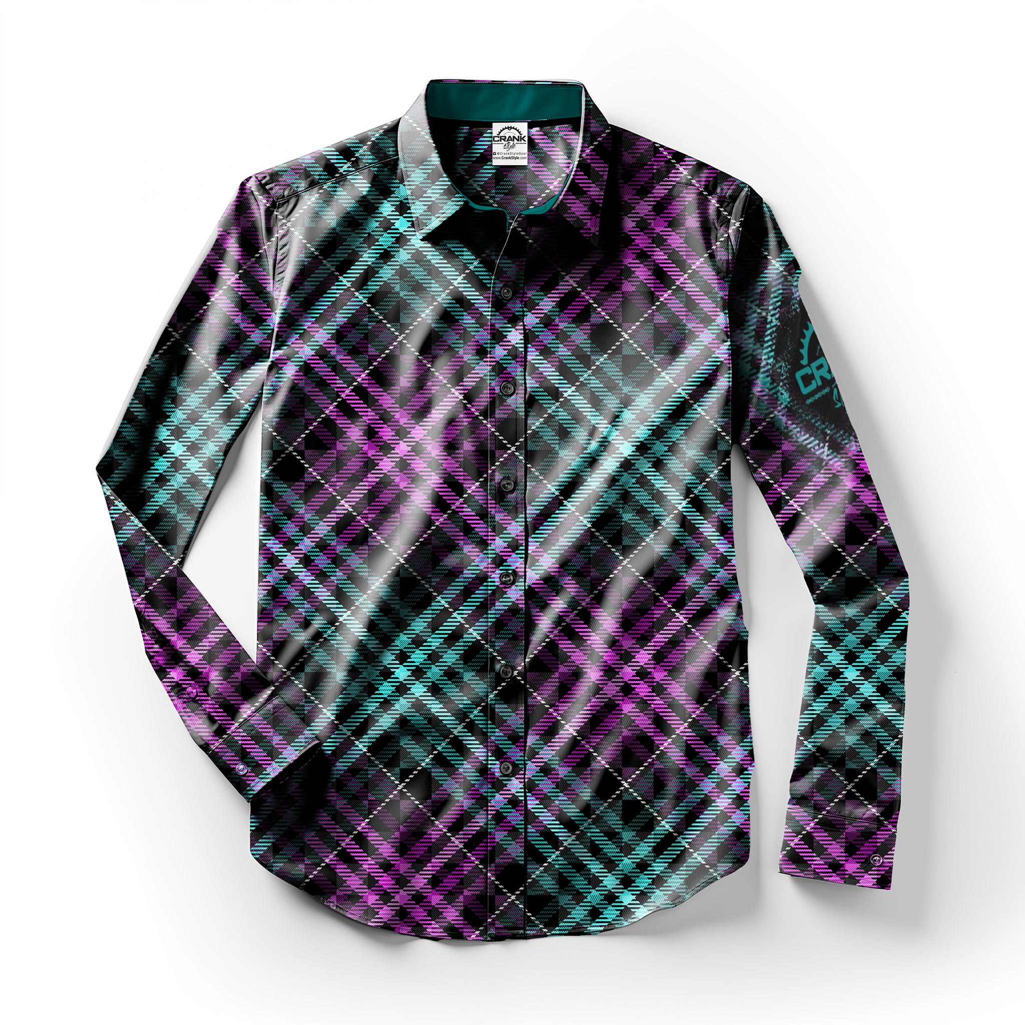 Unisex Purple & Teal Plaid Check LS Button-Up MTB Shirt - Crank Style