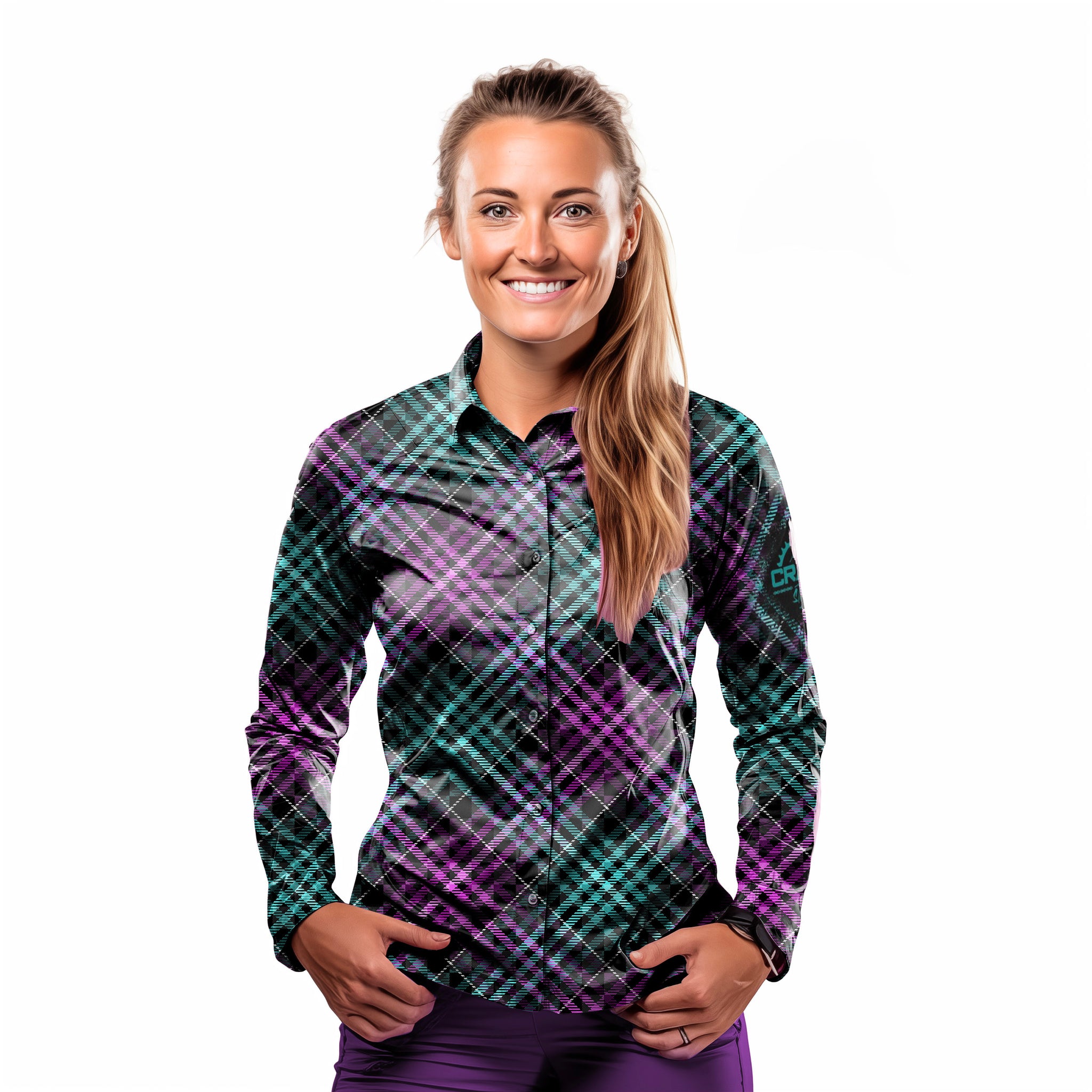 Unisex Purple & Teal Plaid Check LS Button-Up MTB Shirt - Crank Style