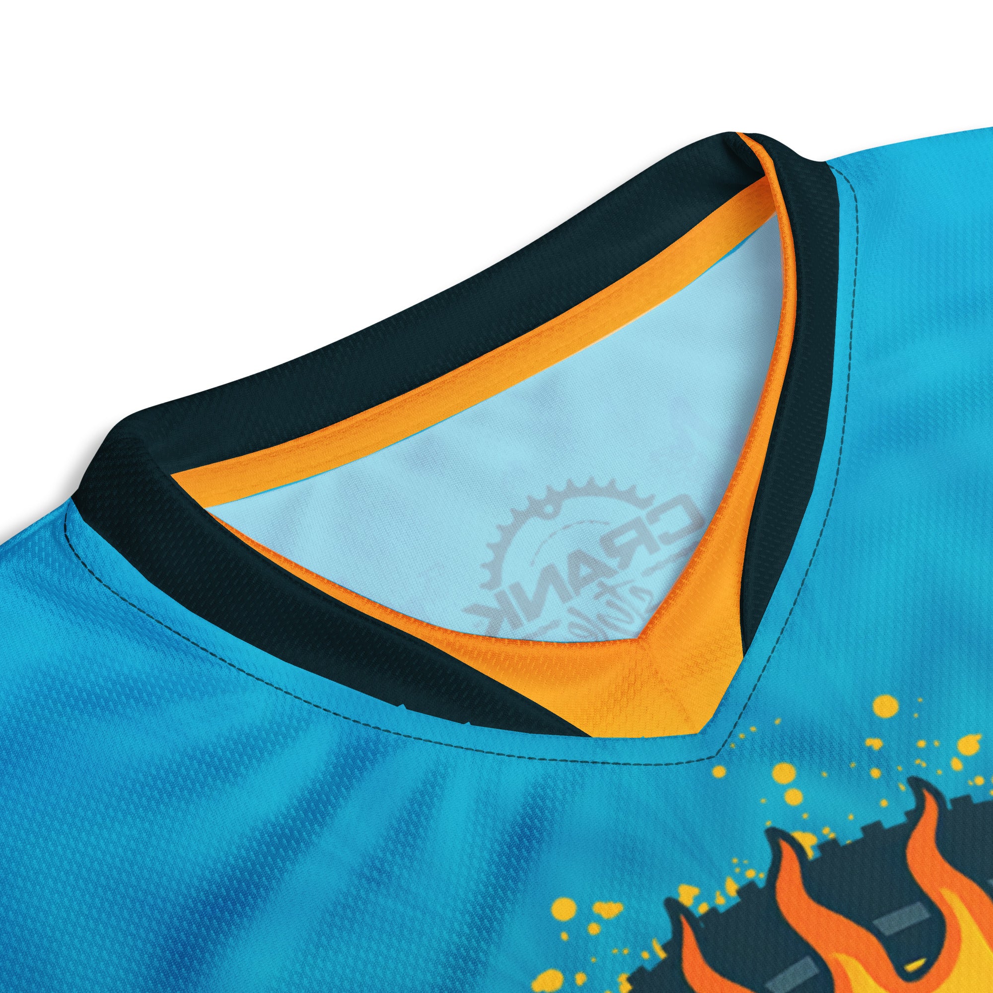Crank Style SunRipper MTB jersey with psychedelic sun design, UPF 50+, recycled fabric, breathable and moisture-wicking