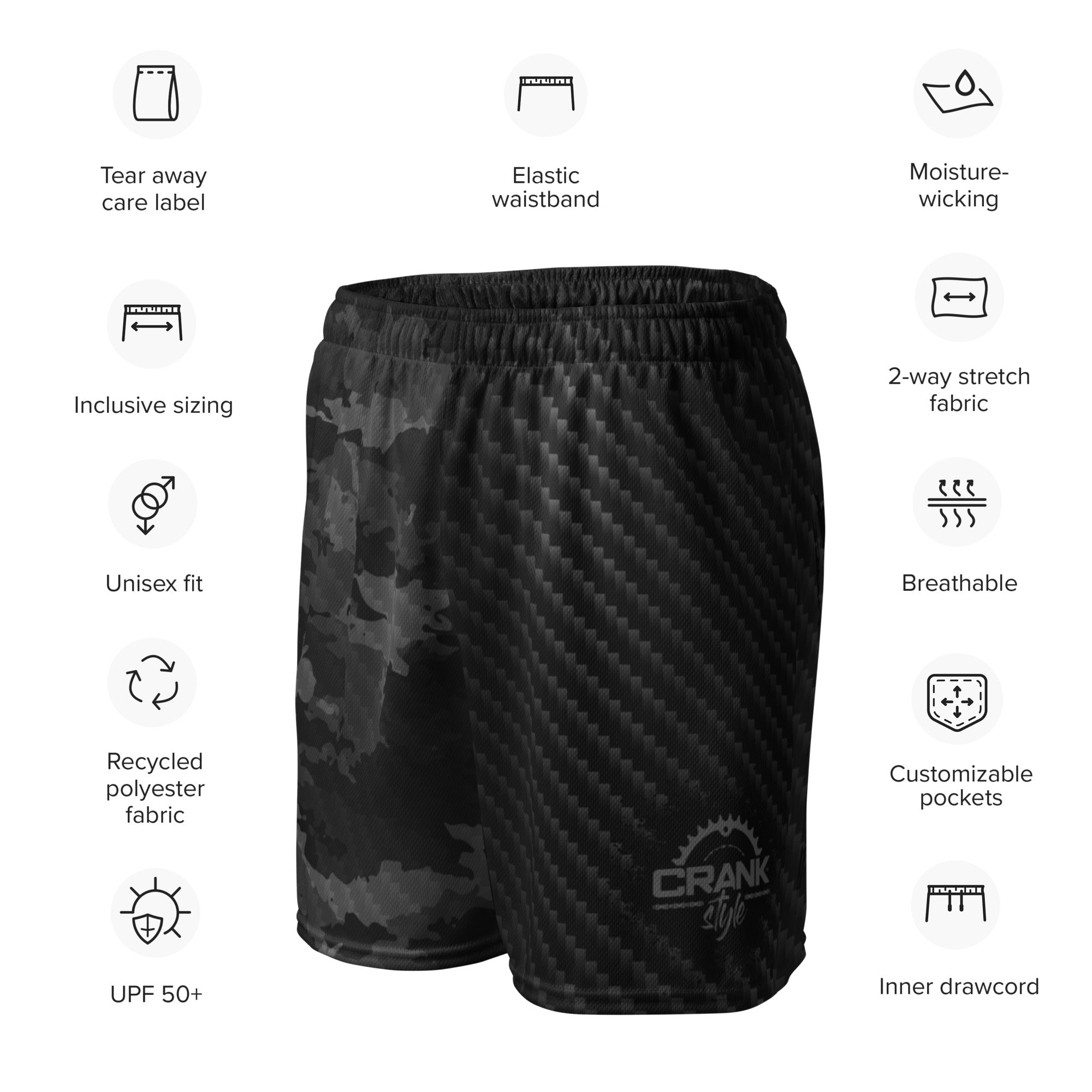 Unisex black camo and carbon fiber mesh shorts - Crank Style Unisex black camo and carbon fiber mesh shorts - Crank Style