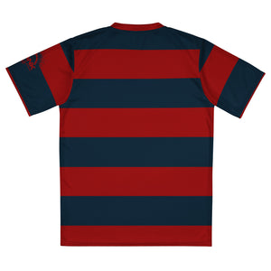 Conquer the trails in style with our Crank Style Unisex Recycled Navy Blue & Red Striped UPF50+ V-Neck MTB Jersey. Made from 100% recycled polyester fabric, it's sustainable and lightweight for a cool and comfortable ride.