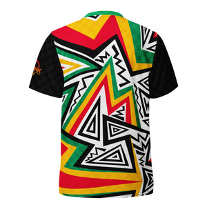 Rasta Abstract Check UPF50+ V-Neck MTB Jersey, exclusively available at Crank Style! Crafted with the passionate mountain biker in mind, this jersey seamlessly blends rugged performance with vibrant Rasta style.