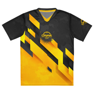 Conquer the trails in style with Crank Style's Unisex Yellow Abstract Camo UPF50+ V-Neck MTB Jersey. Made from 100% recycled polyester fabric, this breathable and moisture-wicking jersey keeps you comfortable and cool. It offers a premium look with a regular fit and a double-layered v-neck collar. Enjoy UPF50+ protection and unrestricted movement with the two-way stretch fabric. Upgrade your gear and ride with confidence. Shop now!