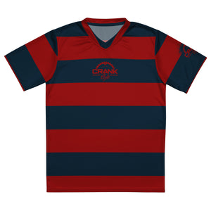 Conquer the trails in style with our Crank Style Unisex Recycled Navy Blue & Red Striped UPF50+ V-Neck MTB Jersey. Made from 100% recycled polyester fabric, it's sustainable and lightweight for a cool and comfortable ride.
