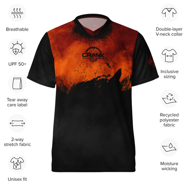 Recycled Unisex UPF50+ Grungy Orange FIre V-Neck MTB Jersey