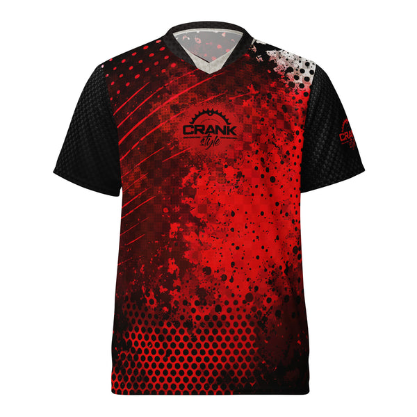 Unisex Grunge Red & Black Check UPF50+ V-Neck MTB Jersey - Crank Style