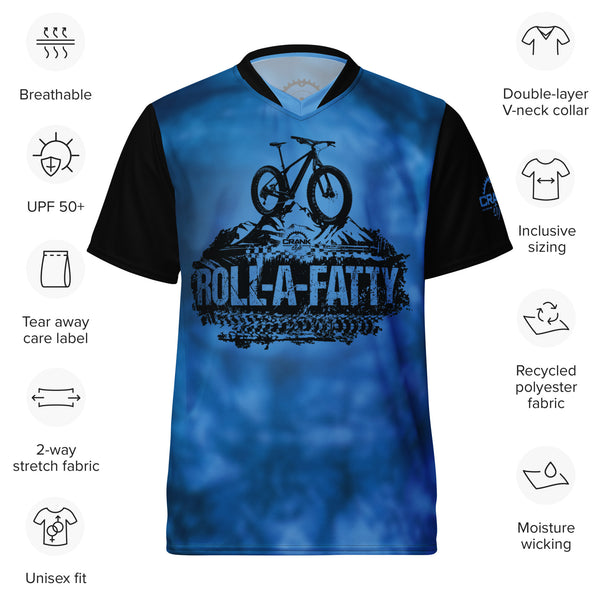 Recycled Unisex RollAFatty Blue Tie Dye UPF50+ V-Neck MTB Jersey