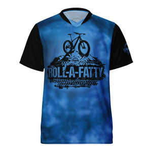 Recycled Unisex RollAFatty Blue Tie Dye UPF50+ V-Neck MTB Jersey