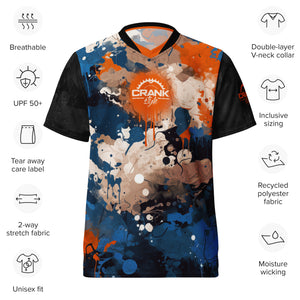 Recycled Unisex UPF50+ Blue & Orange Graffiti V-Neck MTB Jersey